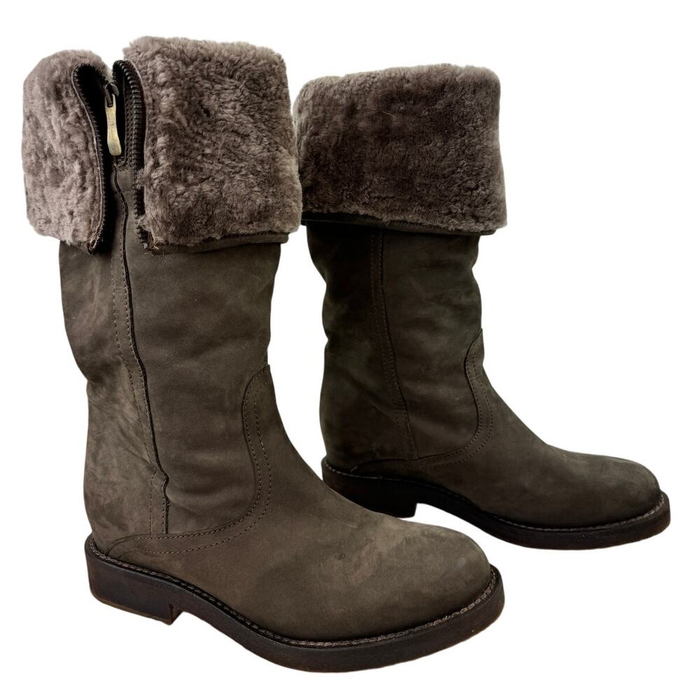 Le Jabot Suede Knee-High Boots Shearling Lined Convertible Fold Over Brown Sz 39